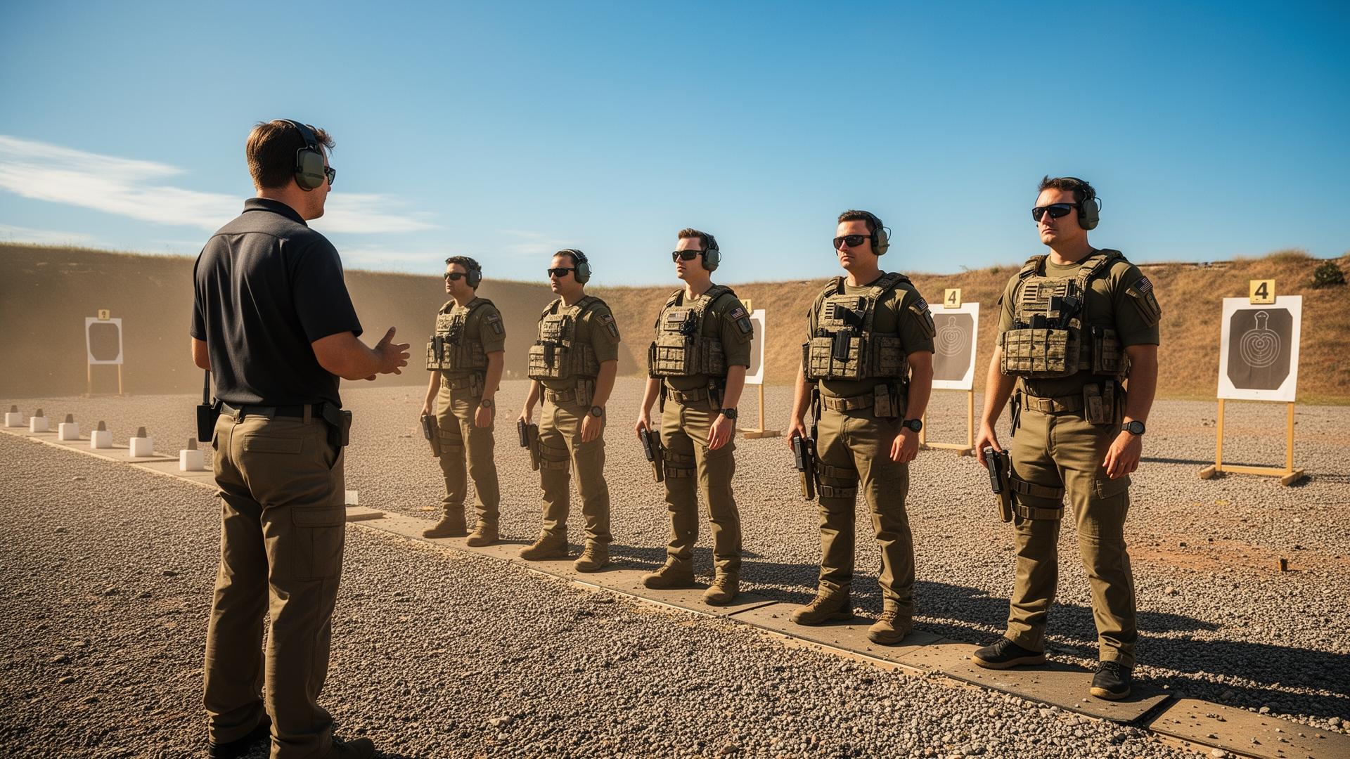 Instructor de tiro dando indicaciones a cinco tiradores en una línea de tiro