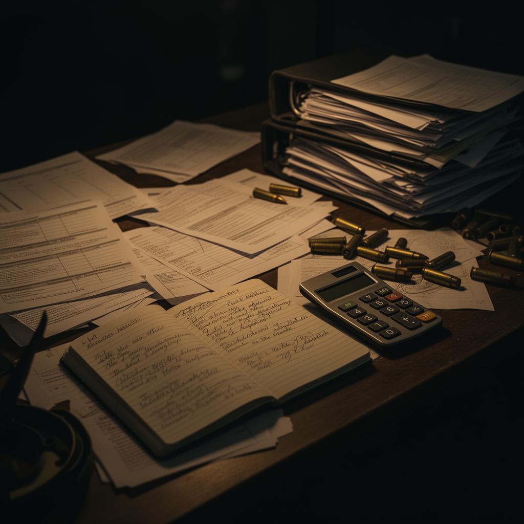 Escritorio caótico de una academia de tiro con papeles, cuadernos y vainas servidas
